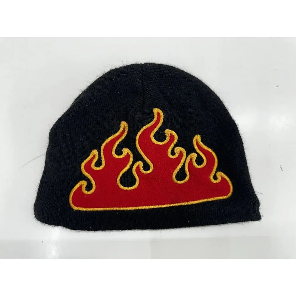 Unbranded Childrens Winter Hat Beanie Black Fleece Embroidered Flame Fire